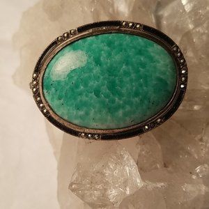 Art Deco Sterling Mottled Green Czech Glass Brooch